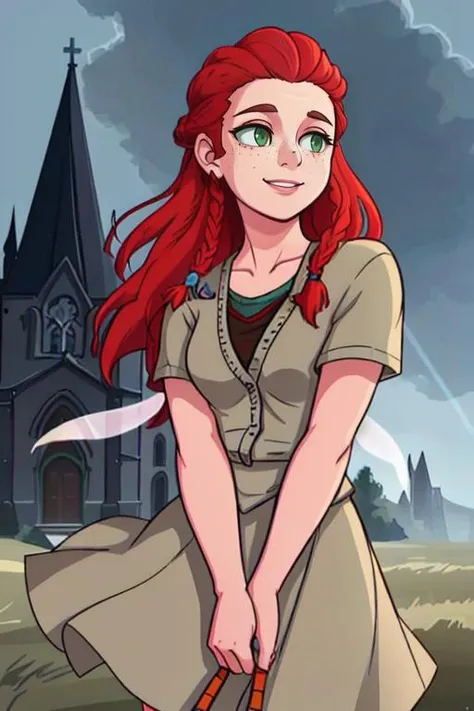 <lora:Aloy:0.6> pikkyaloy, 1girl, braid, freckles, green eyes, smile, tribal, long hair, red hair, solo, cardigan BREAK ethereal wild winds aura with church background, depth of field, god rays, vivid colors, cinematic hard lighting, smooth shadows