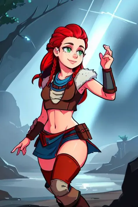 <lora:Aloy:0.65> pikkyaloy, 1girl, braid, green eyes, smile, bracer, tribal, pelt, freckles, long hair, red hair, solo, boots, BREAK depth of field, god rays, vivid colors, cinematic hard lighting, smooth shadows