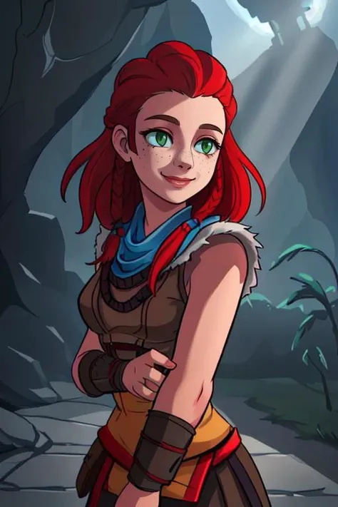 <lora:Aloy:0.65> pikkyaloy, 1girl, braid, freckles, green eyes, smile, tribal, long hair, red hair, solo, business attire BREAK depth of field, god rays, vivid colors, cinematic hard lighting, smooth shadows