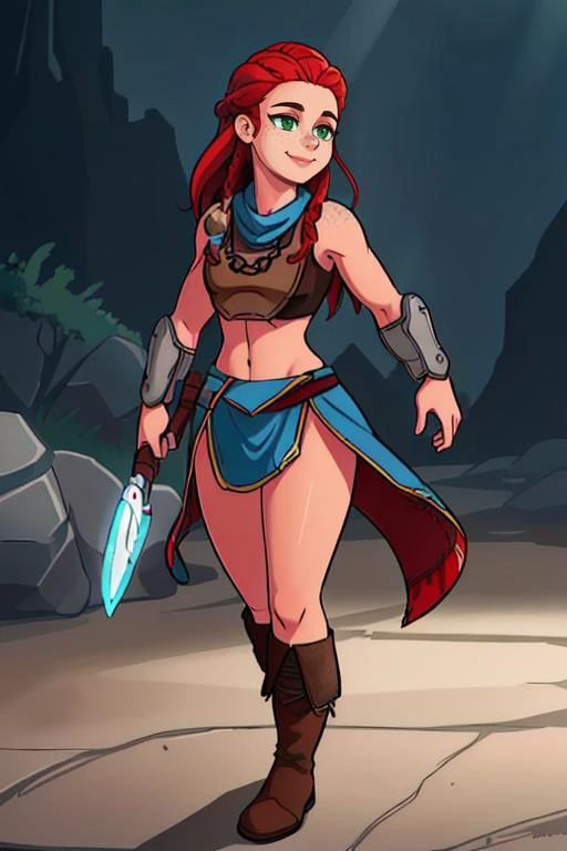 <lora:Aloy:0.65> pikkyaloy, 1girl, braid, green eyes, smile, bracer, tribal, pelt, freckles, long hair, red hair, solo, boots, BREAK depth of field, god rays, vivid colors, cinematic hard lighting, smooth shadows