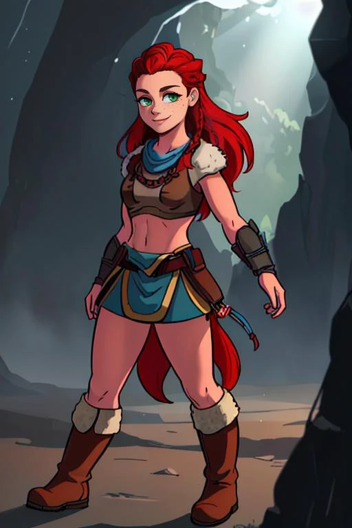 <lora:Aloy:0.65> pikkyaloy, 1girl, braid, green eyes, smile, bracer, tribal, pelt, freckles, long hair, red hair, solo, boots, BREAK depth of field, god rays, vivid colors, cinematic hard lighting, smooth shadows