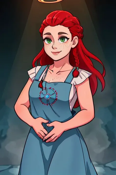 <lora:Aloy:0.6> pikkyaloy, 1girl, braid, freckles, green eyes, smile, tribal, long hair, red hair, solo, pinafore apron BREAK weird exquisite floating embers aura with shower background, depth of field, god rays, vivid colors, cinematic hard lighting, smooth shadows