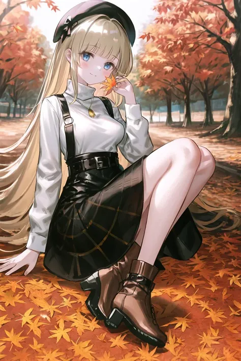 <lora:reoen:1>
1girl, autumn leaves, holding leaf, solo, blue eyes, leaf, hat, autumn, long hair, smile, sitting, tree, outdoors, dress, holding, bangs, long sleeves, closed mouth, looking at viewer, maple leaf, black footwear, beret, shirt, day, black dress, white shirt, pinafore dress, ginkgo leaf, blush, socks, boots, blonde hair, plaid, black headwear, very long hair, brown footwear, high heels, breasts, hand up, belt, turtleneck, sleeveless, sleeveless dress, shoes, blunt bangs