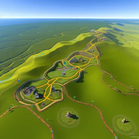 2d dnd battlemap,top down view of open grassy plain, (dirt road:0.8), satellite view, cliffs on each side,