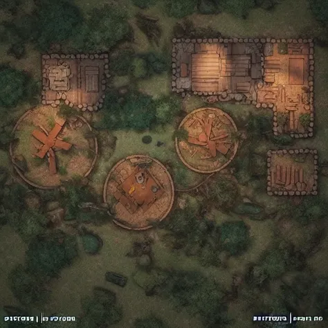 A 2d dnd battlemap (grid) of a ((forest fortress, square rooms)), with ornate furniture, 3d scene, unreal engine 5, global illumination, rtx, ssl, ((octane render)), fine details, paths, rooms <lora:epiNoiseoffset_v2:1>