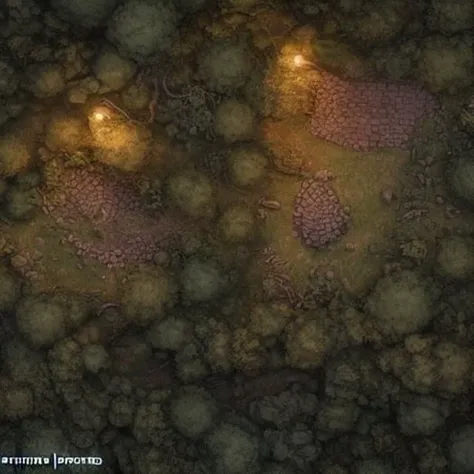 A 2d dnd battlemap (grid) of a forest fortress, 3d scene, unreal engine 5, global illumination, rtx, ssl, ((octane render)), fine details, paths, rooms <lora:epiNoiseoffset_v2:1>