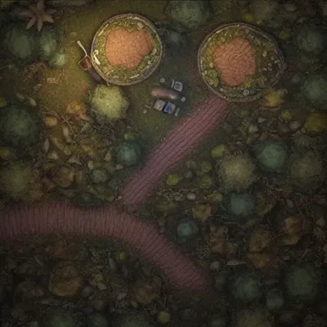 A 2d dnd battlemap (grid) of a ((forest fortress)), 3d scene, unreal engine 5, global illumination, rtx, ssl, ((octane render)), fine details, paths, rooms <lora:epiNoiseoffset_v2:1>
