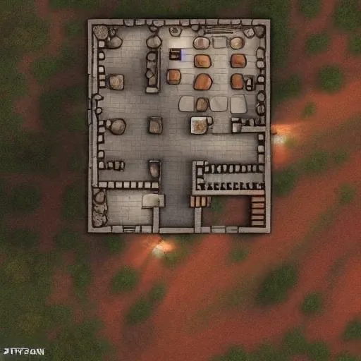 2D DND BATTLEMAP, bar building top down view, (concrete:1.2), metal, fantasy sci-fi, dystopian, <lora:epiNoiseoffset_v2:0.5>, exquisitely detailed, bed table, chairs, sharp contrast and edges