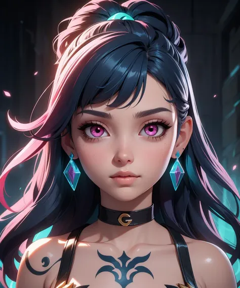 (masterpiece), (best quality), (vibrant light colors), Super Detail, 1girl, asymmetrical bangs, black choker, blue hair, collar, earrings, glowing eyes, long hair, looking at viewer, pink eyes, portrait, shiny hair, tattoo, (league of legends), cowboy shot