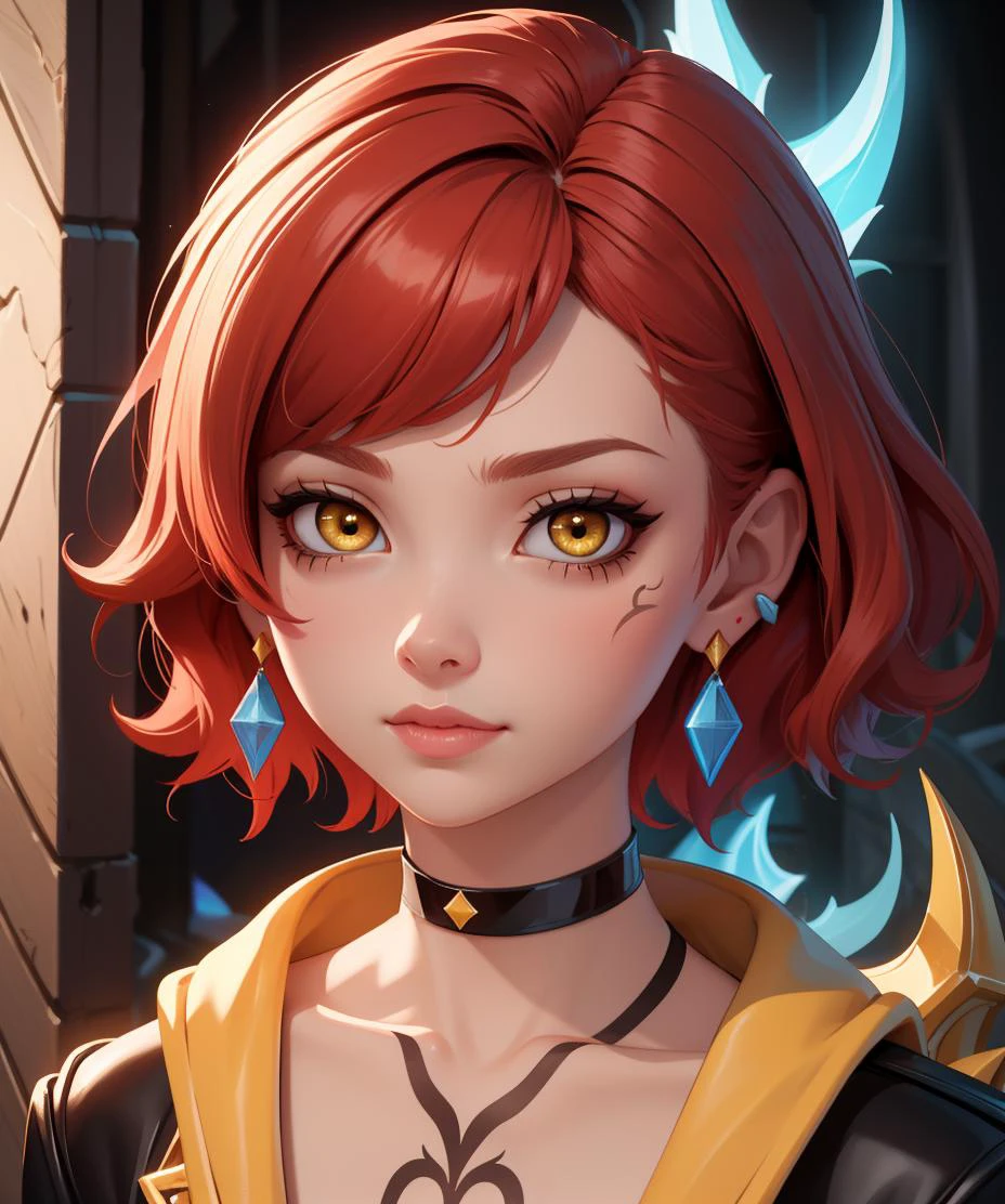 (masterpiece), (best quality), (vibrant light colors), Super Detail, 1girl, bangs, white choker, red hair, collar, earrings, (glowing eyes:0.5), short hair, looking at viewer, yellow eyes, portrait, shiny hair, tattoo, (league of legends)