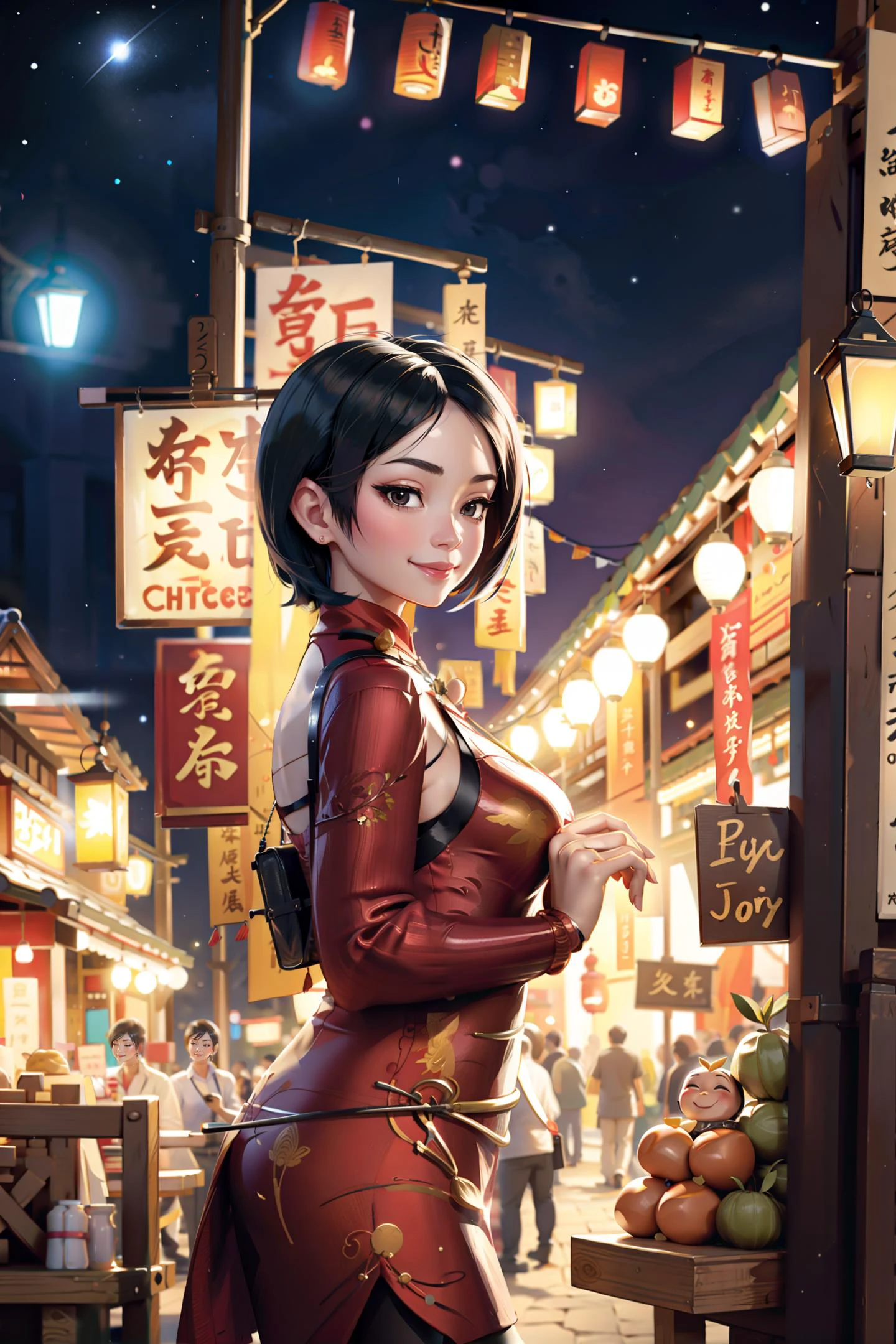adawong, tanabata, night, lantern, market stall, smile, dimple, from side,