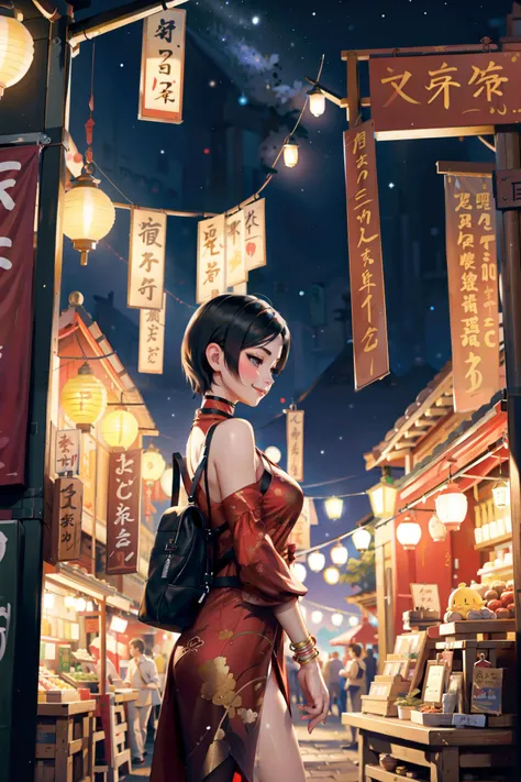 adawong, tanabata, night, lantern, market stall, smile, dimple, from side,