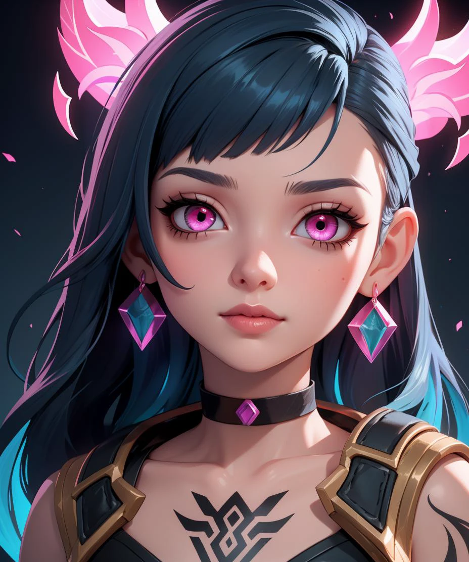 (masterpiece), (best quality), (vibrant light colors), Super Detail, 1girl, asymmetrical bangs, black choker, blue hair, collar, earrings, glowing eyes, long hair, looking at viewer, pink eyes, portrait, shiny hair, tattoo, (league of legends), cowboy shot
