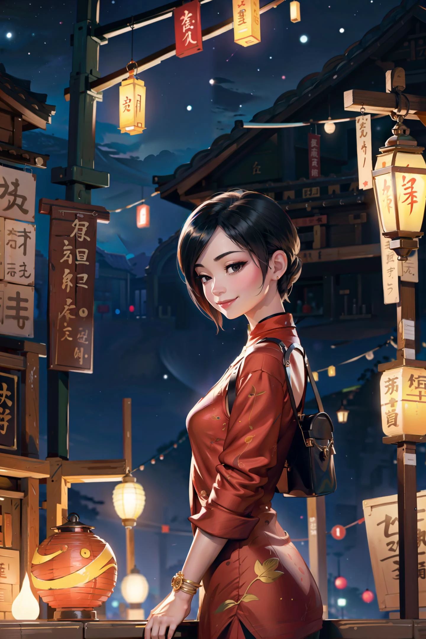 adawong, tanabata, night, lantern, market stall, smile, dimple, from side,