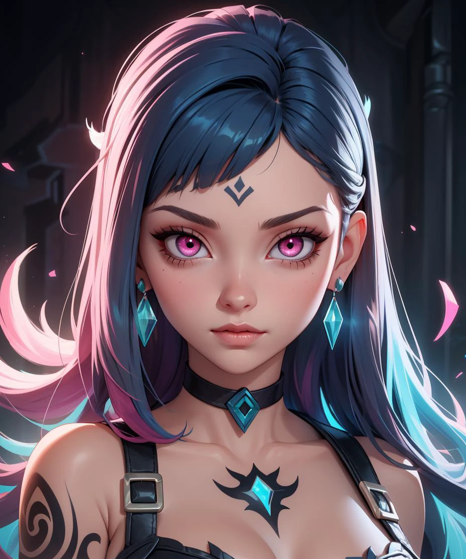 (masterpiece), (best quality), (vibrant light colors), Super Detail, 1girl, asymmetrical bangs, black choker, blue hair, collar, earrings, glowing eyes, long hair, looking at viewer, pink eyes, portrait, shiny hair, tattoo, (league of legends), cowboy shot
