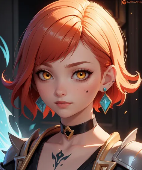 (masterpiece), (best quality), (vibrant light colors), Super Detail, 1girl, bangs, white choker, red hair, collar, earrings, (glowing eyes:0.5), short hair, looking at viewer, yellow eyes, portrait, shiny hair, tattoo, (league of legends)