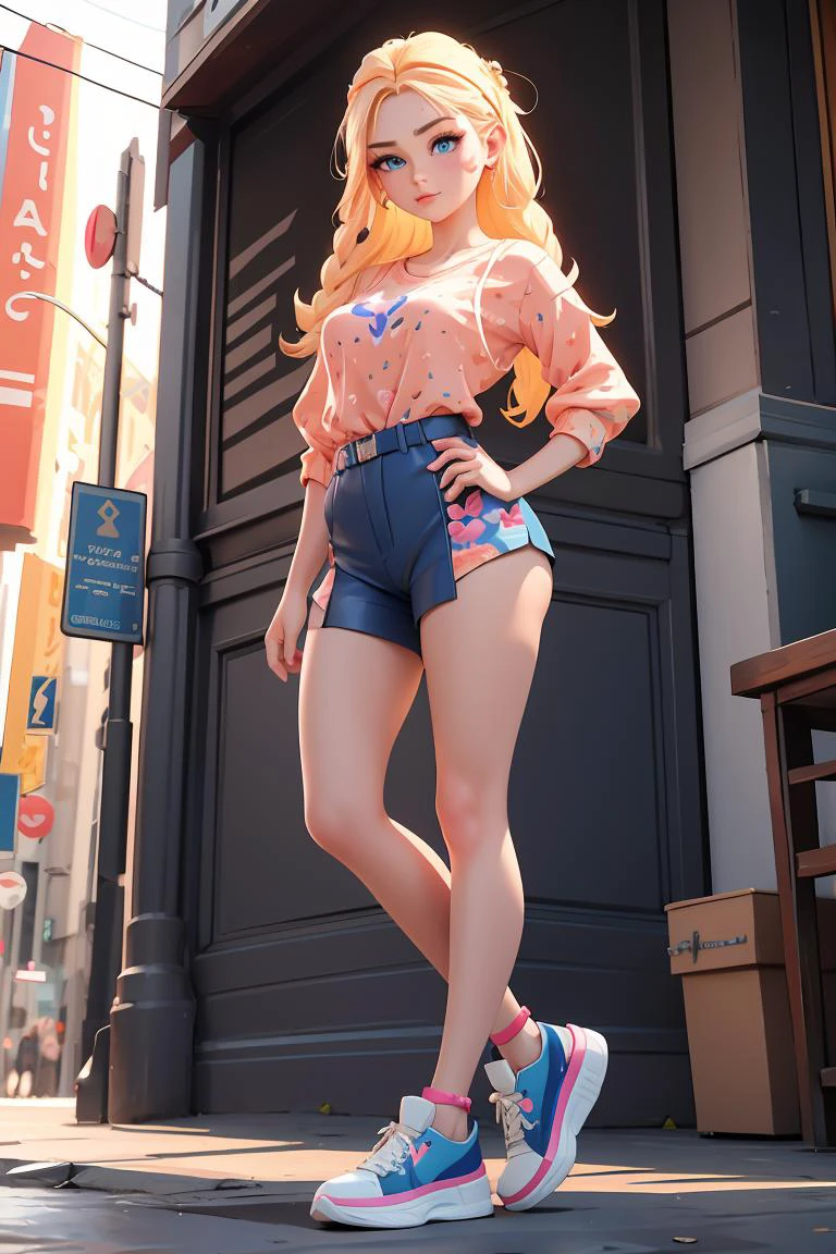 (masterpiece, best quality), female midlife, sculpted, central asian, deep blue eyes, upswept ears, defined jaw, dimpled cheeks, heart face shape with pointed chin, striking birthmarks, , peach
waterfall braid hair, happiness
wearing printed boyshorts, jaguar print __bo/properties/color__ suede
garter belt, slip-on sneakers,
, arms folded across the chest, appearing closed off or guarded