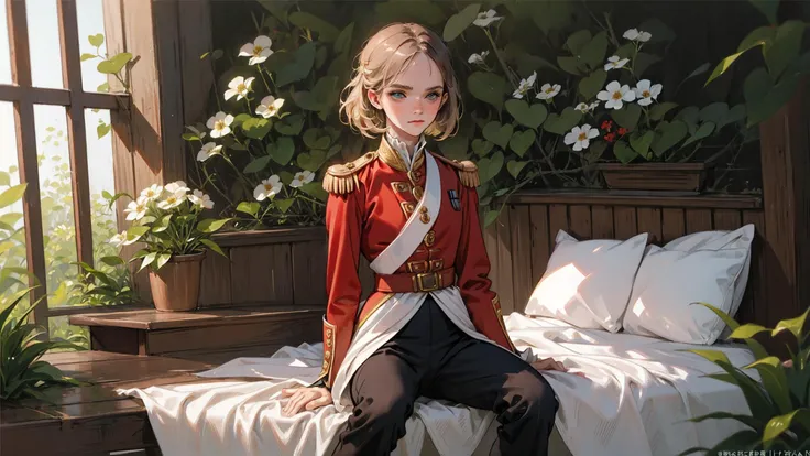 solo, full body,1girl, ite body, flat chested, redcoat,red_jacket,white pants ,epaulettes,saber, perfect vagina,spreading, Character,(emma watson:1.1),(sitting on the bed:1.2),wide spread legs, farm house, flower garden, watering plants, diverse plants,dappled sunlight,aiming at viewer,<lora:redcoatv2:0.75>