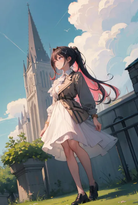 best quality, (masterpiece:1.3), fullbody, ultra-detailed, solo:1.3, 1girl, dynamic angle, dynamic pose, elegant, vivid colours, blue sky, clouds, birds, airplane streaks, modern tower, very tall tower, tower in the distance, white flowerbed, long hair, florating hair, azki_(hololive), solo, serious face, multicolored hair, pink hair, purple eyes, black hair, dress, colored inner hair, hair between eyes, white dress, brown jacket, two-tone hair, jewelry, long sleeves, x hair ornament, bangs, bracelet, very long hair, streaked hair, hairclip, ((large breasts)) <lora:AZKi_v10:0.8>