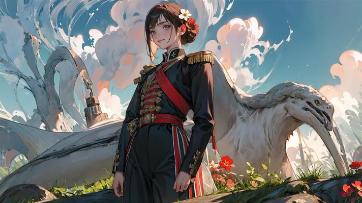 nsfw,solo, EllieTLOU,(((solo))),(((10 yo))),(bottle bottom:0.9),military_uniform,full body,1girl, lewdness,petite body, redcoat,red_jacket,victorianera,white pants ,epaulettes,saber, full body,light smile,(flower:1.3),brick wall, grass,too many flowers ,blue sky, cloudy sky, [tree:0.9],sunlight,looking at viewer, <lora:redcoatv2:0.75>