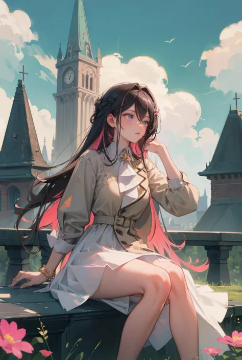best quality, (masterpiece:1.3), fullbody, ultra-detailed, solo:1.3, 1girl, dynamic angle, dynamic pose, elegant, vivid colours, blue sky, clouds, tower, very tall tower, tower in the distance, white flowerbed, long hair, florating hair, azki_(hololive), solo, serious face, multicolored hair, pink hair, purple eyes, black hair, dress, colored inner hair, hair between eyes, white dress, brown jacket, two-tone hair, jewelry, long sleeves, x hair ornament, bangs, bracelet, very long hair, streaked hair, hairclip, ((large breasts)) <lora:AZKi_v10:0.8>