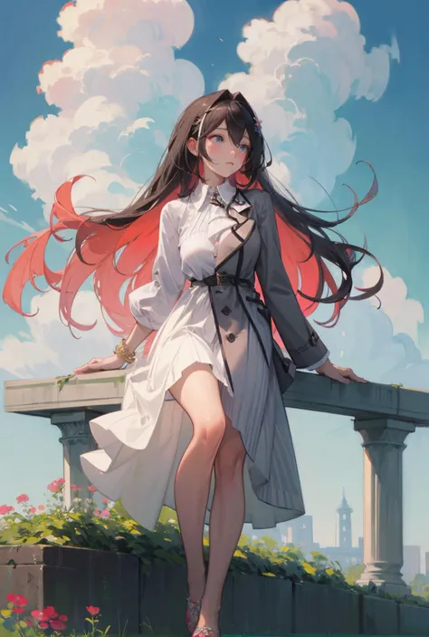 best quality, (masterpiece:1.3), fullbody, ultra-detailed, solo:1.3, 1girl, dynamic angle, dynamic pose, elegant, vivid colours, blue sky, clouds, a singular very tall tower in the distance, flowerbed, long hair, florating hair, azki_(hololive), solo, serious face, multicolored hair, pink hair, purple eyes, black hair, dress, colored inner hair, hair between eyes, white dress, brown jacket, two-tone hair, jewelry, long sleeves, x hair ornament, bangs, bracelet, very long hair, streaked hair, hairclip, ((large breasts)) <lora:AZKi_v10:0.8>