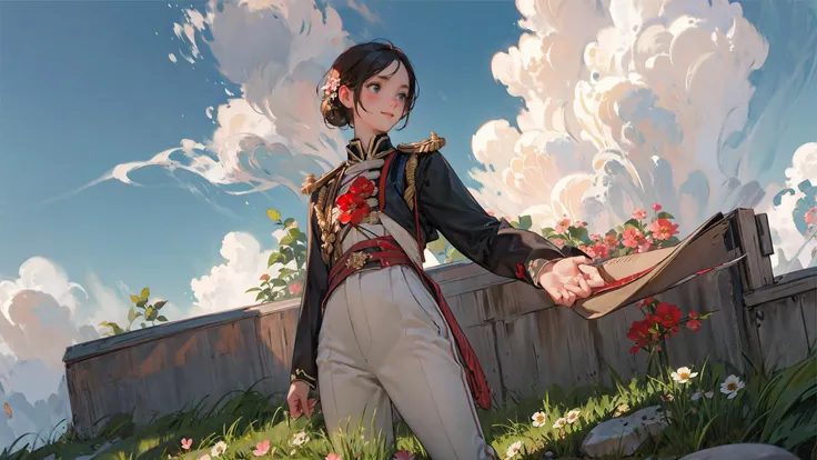 nsfw,solo, EllieTLOU,(((solo))),(((10 yo))),(bottle bottom:0.9),military_uniform,full body,1girl, lewdness,petite body, redcoat,red_jacket,victorianera,white pants ,epaulettes,saber,mid shot, full body,light smile,(flower:1.3),brick wall, grass,too many flowers ,blue sky, cloudy sky, [tree:0.9],sunlight,looking at viewer, <lora:redcoatv2:0.75>
