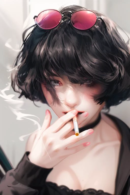 A girl with short hair,fashionable short hair,sunglasses in the hair on the top of her head,black eyeliner,choker,holding a cigarette between two fingers,Nails stained with black nail polish,, masterpiece, best quality,