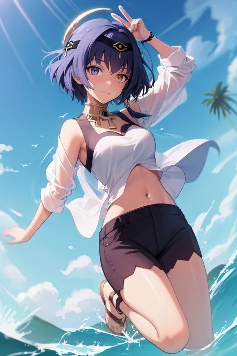 best quality, full colored, <lora:candace1:1>, candacernd, jumping into the water, tomboyish sidetail hair,short hair, smooth shorts and top, (side slit:0.6), joyful, (heterochromia:0.7), looking at viewer, oasis, <lora:GoodHands-beta2:0.8>, rays, full body