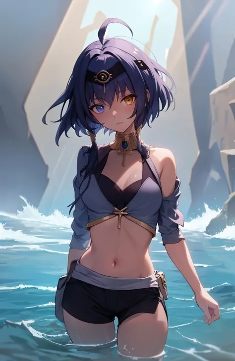 best quality, <lora:candace1:1>, candacernd, tomboyish sidetail hair,short hair, smooth synthetic shorts and top, (heterochromia:0.7), looking at viewer, fog, backlight, oasis, in the water, <lora:GoodHands-beta2:0.8>, rays