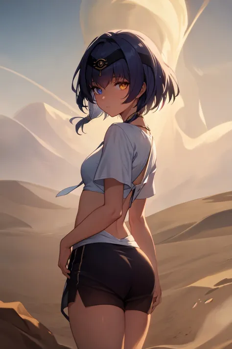 best quality, <lora:candace1:1>, candacernd, tomboyish sidetail hair,short hair, simple,cotton clothes, (heterochromia:0.7), looking at viewer, fog, desert, backlight, sand, (sandstorm:1.2), <lora:GoodHands-beta2:1>, rays