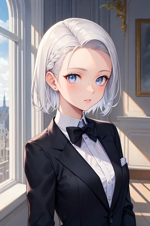 masterpiece, best quality, beautiful and aesthetic, 1girl, hair slicked back, forehead, short hair, white hair, tuxedo, european architecture, indoors, looking at viewer, upper body, portrait