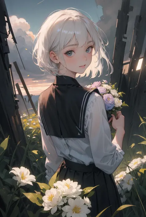 photorealistic,((best quality)),(masterpiece),(ultra detailed),(ultra high res),(facing viewer),((dusk)),Depth of Field,pov,tussock,overgrown,cloud sky,(dark sky),((backlighting)),(wind),1girl,looking at viewer,full body,(holding bouquet),(school uniform),(white hair),(black eyes),(medium hair),(bowl cut),light smile,HDR,high contrast