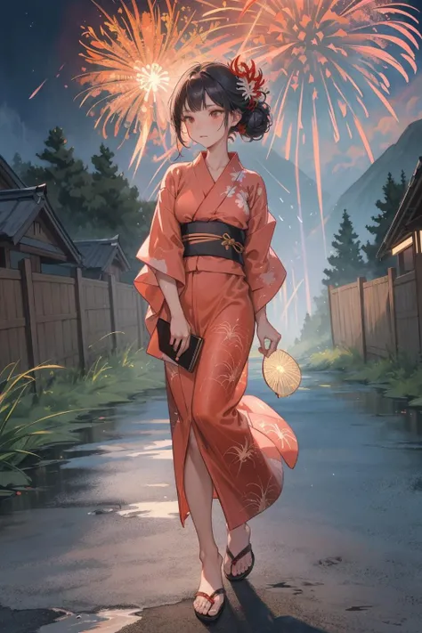dramatic shadow, ray tracing,bestquality, masterpiece, ink, watercolor, dutch angle, beautiful dark midnight sky, purple clouds, colorful sunset, sun flare, (fireworks:1.3), falling star ADDROW Japanese village in the distance, (river:0.7), mountains, wooden fence, telephone post, after rain, tall grass, wind, wet surface, trees, grass field, road ADDCOL 1 girl, brown messy hair, medium breasts, close to viewer, looking at viewer, walking, arms behind back, full body, (red yukata with spider lily flowers:1.2), sandals, white flower