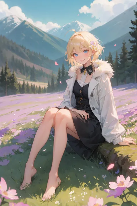 masterpiece, best quality, 1girl, sitting, ahoge, blonde hair, blue eyes, fur collar, fur trim, grass, short hair, smile, solo, trembling, full body, sky, mountain, forest, (flower field:1.5), (falling petals:1.3),