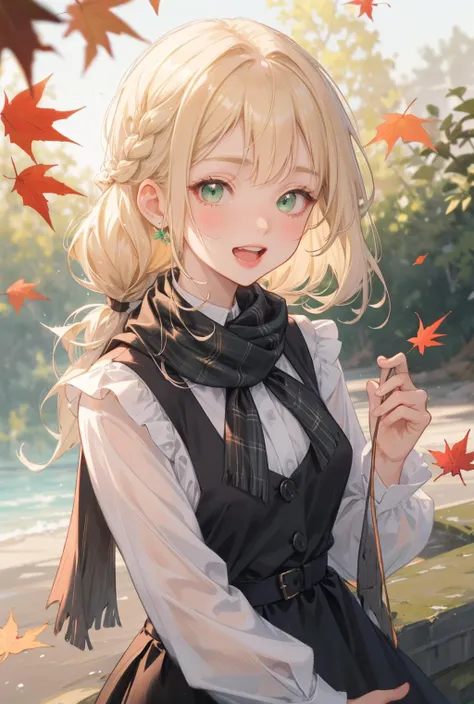 1girl, sleeveless dress, solo, dress, shirt, white shirt, autumn leaves, holding leaf, leaf, maple leaf, looking at viewer, holding, sleeveless, blonde hair, smile, open mouth, bangs, blurry, ribbon, braid, hair ribbon, blush, ribbon braid, plaid, :d, autumn, depth of field, long sleeves, hair ornament, outdoors, black dress, shawl, scarf, blurry background, blurry foreground, upper teeth only, collared shirt, green eyes, teeth, water, pinafore dress, branch