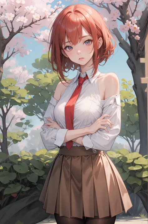 (masterpiece, best quality:1.2), solo, 1girl, makise kurisu, expressionless, looking at viewer, crossed arms, off shoulder, collared shirt, red necktie,skirt , pantyhose, background sakura tree