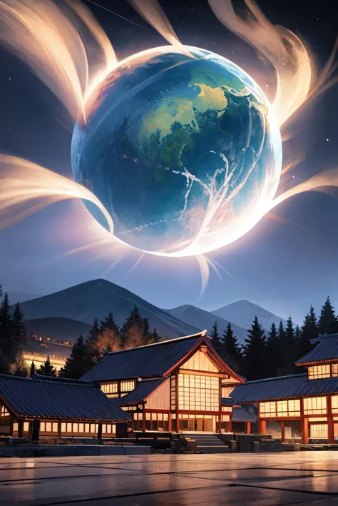 high detailed, fantasy, very big planet neptun in the sky, (clouds:0.4), town, (night:1.3), japan, blue haze, (mountain:0.2), (lake:0.1)