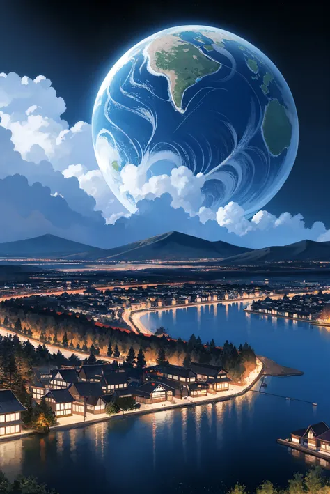 high detailed, fantasy, very big planet neptun in the sky, (clouds:0.4), town, (night:1.3), japan, blue haze, (mountain:0.3), lake