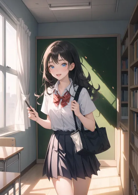 multiple_girls,,teen,fakin,school_uniform,:d,running,day,indoor,school,classroom,school_desk,casement window,blackboard,podium,cupboard,bookshelf,a bag,book,clear day,curtains,, masterpiece,best quality,highly detailed,Amazing,finely detail,extremely detailed CG unity 8k wallpaper,score:>=60,, beautiful detailed eyes,Fine hair texture,, Cinematic Lighting,rim light,available light,light leaks,depth_of_field,blurry,