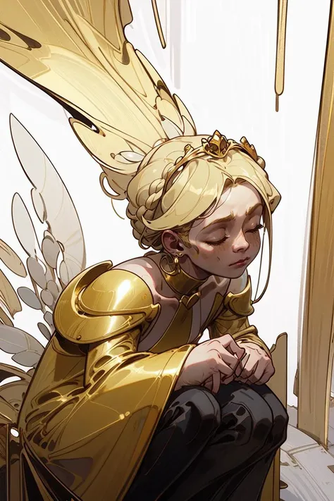 1girl, solo, natural blonde hair, crown braid, closed eyes, looking at viewer, squatting, one knee, upper body, face focus, from above, small breasts, 
gold theme, masterpiece, best quality, religion theme, warm light, church, mosaic glass, tyndall effect, floating white feathers, frown, shiny skin, retro clothing, Bold patterned jumpsuit with shoulder pads and a wide belt, <lora:vibrant_1.5_0.1-000020:1>