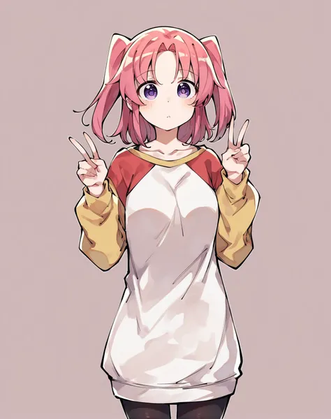 score_9,score_8_up,score_7_up,4k,uncensored,masterpiece,best quality,prefect lighting,very aesthetic,anime,rating safe,
1girl,solo,kobeni-casual,yonomori kobeni,purple eyes,pink hair,two side up,sweater,raglan sleeves,black pantyhose,<lora:yonomori kobeni_PONY_last:0.9>,standing,double v,
