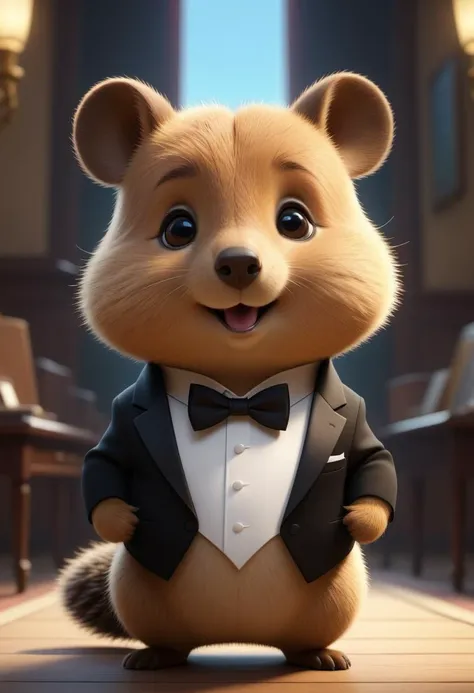 pixar disney cartoon of a (cute baby quokka in a tuxedo), symmetrical, highly detailed, 8k, digital painting, oil painting, illustration, concept art, sharp focus, volumetric lighting, epic Composition, cgsociety, artstation