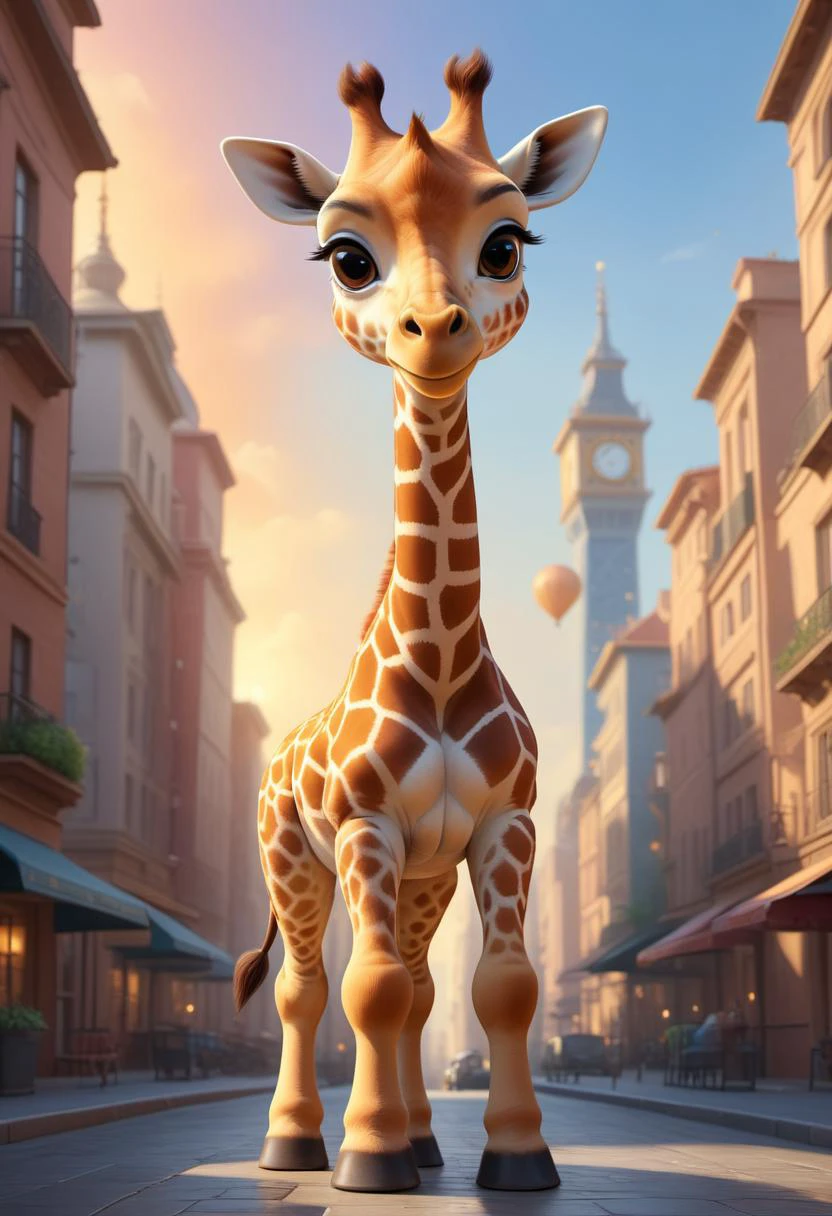 pixar disney cartoon of (a cute giraffe in a big city :1.2), looking at viewer, symmetrical, chromatic fantasy, highly detailed, 8k, digital painting, oil painting, illustration, concept art, sharp focus, volumetric lighting, epic Composition, cgsociety, artstation