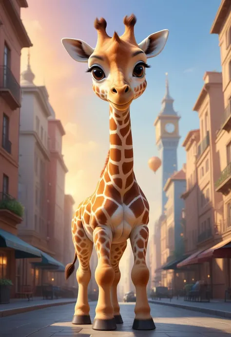 pixar disney cartoon of (a cute  giraffe in a big city :1.2), looking at viewer, symmetrical, chromatic fantasy, highly detailed, 8k, digital painting, oil painting, illustration, concept art, sharp focus, volumetric lighting, epic Composition, cgsociety, artstation