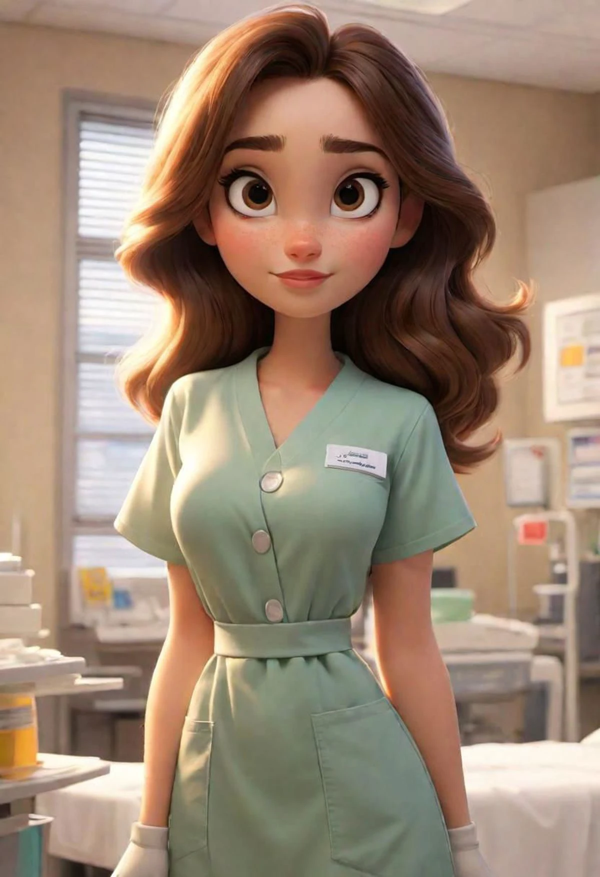 (disney pixar style:1.2) (cute adorable girl:1.) (adult age 20:1.15 brunette, hazel eyes, wearing modern medical scrubs, huge breasts, cleavage, hospital nametag, standing in a bright sunny hospital wing  (extreme far shot, full body, zoomed out:1.1)