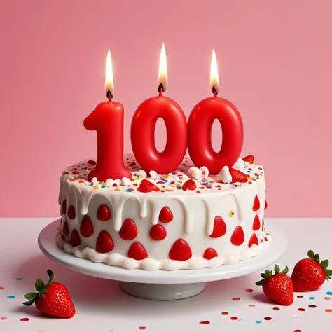 ("100!" text logo:1.5), <lora:Harrlogos_v2.0:1> , red, candle wax, cake with white frosting and strawberries, confetti
