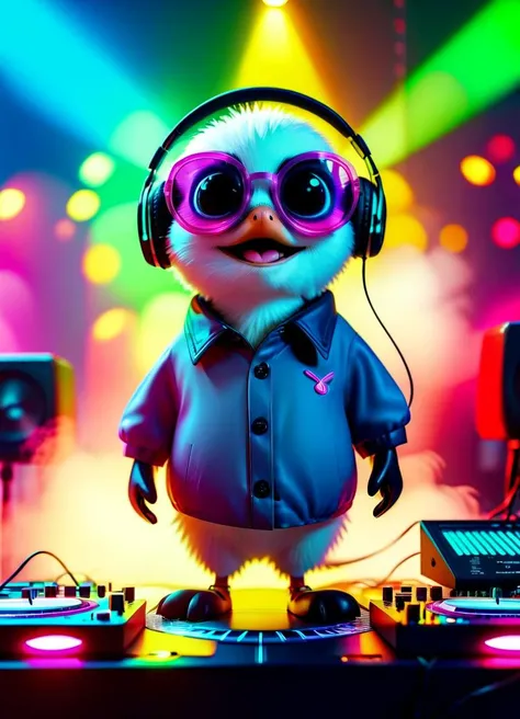 (penguin bird:1.1) wearing oversized sunglasses, dress shirt with popped collar, headphones, while DJing on stage
volumetric lighting fog, neon lights, crowd with arms raised
<lora:bigeyes-v2_16x8-4x1:1.8> big eyes <lora:MJ52:0.8>, subsurface scattering, Photorealistic, Hyperrealistic, analog style, realistic, film photography, soft lighting, heavy shadow, Ombre color scheme of neon pink, neon blue, neon yellow, neon green,