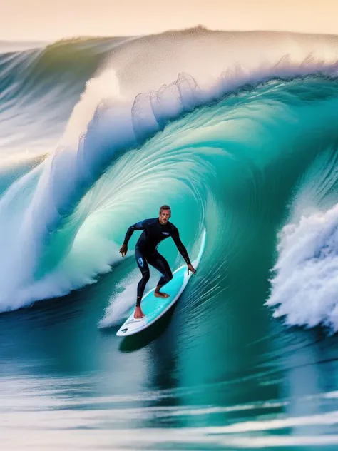 surfer trying to outrun a thousand foot tidal wave, SUP, Stand Up Paddle, toned muscles, at nightfall, highly detailed, sharp focus, ultra sharpness,In the sea surfing, luminescent|holographic|iridescent, bad posture,wetsuit,tsunami wave,taned skin