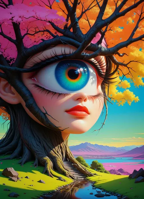 (art style of Yoh Nagao, Yanjun Cheng) an eye in a tree near water, in the style of brian despain, dripping paint, expansive landscapes, highly detailed, surrealistic urban scenes, mars ravelo, mati klarwein, Ombre color scheme of neon orange, neon pink, neon blue, neon yellow, neon green,, subsurface scattering, Photorealistic, Hyperrealistic, analog style, realistic, film photography, soft lighting, heavy shadow